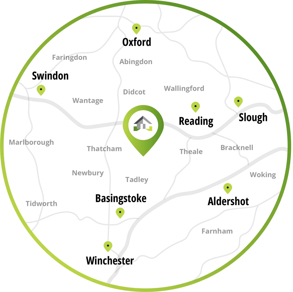 Map showing the areas we cover: Newbury, Reading, Berkshire, Oxfordshire, North Hampshire and East Wiltshire